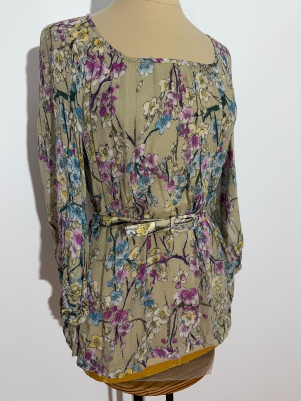 Miss Sixty Y2K Floral Long Sleeve Tunic Blouse Belted Waist